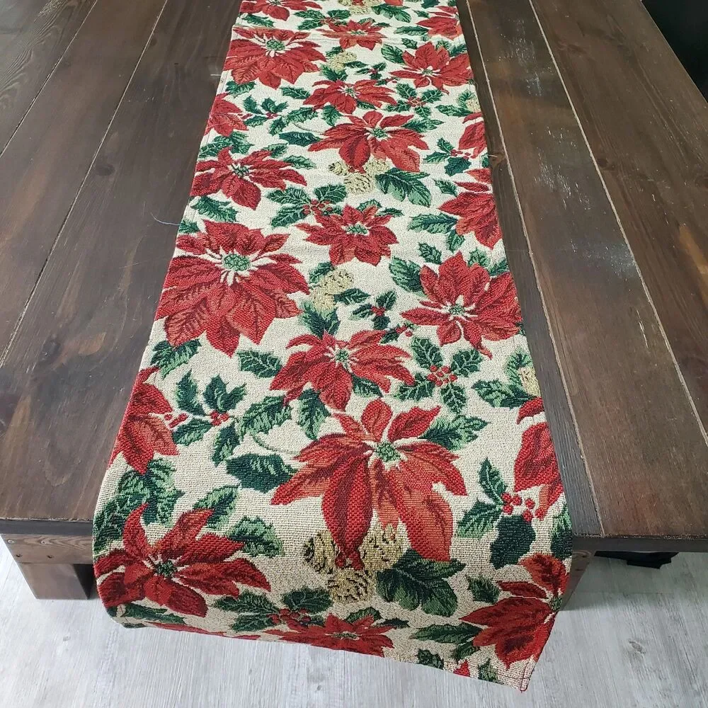 Table Runner Red Green Cream Gold Poinsettias Tapestry 70x12